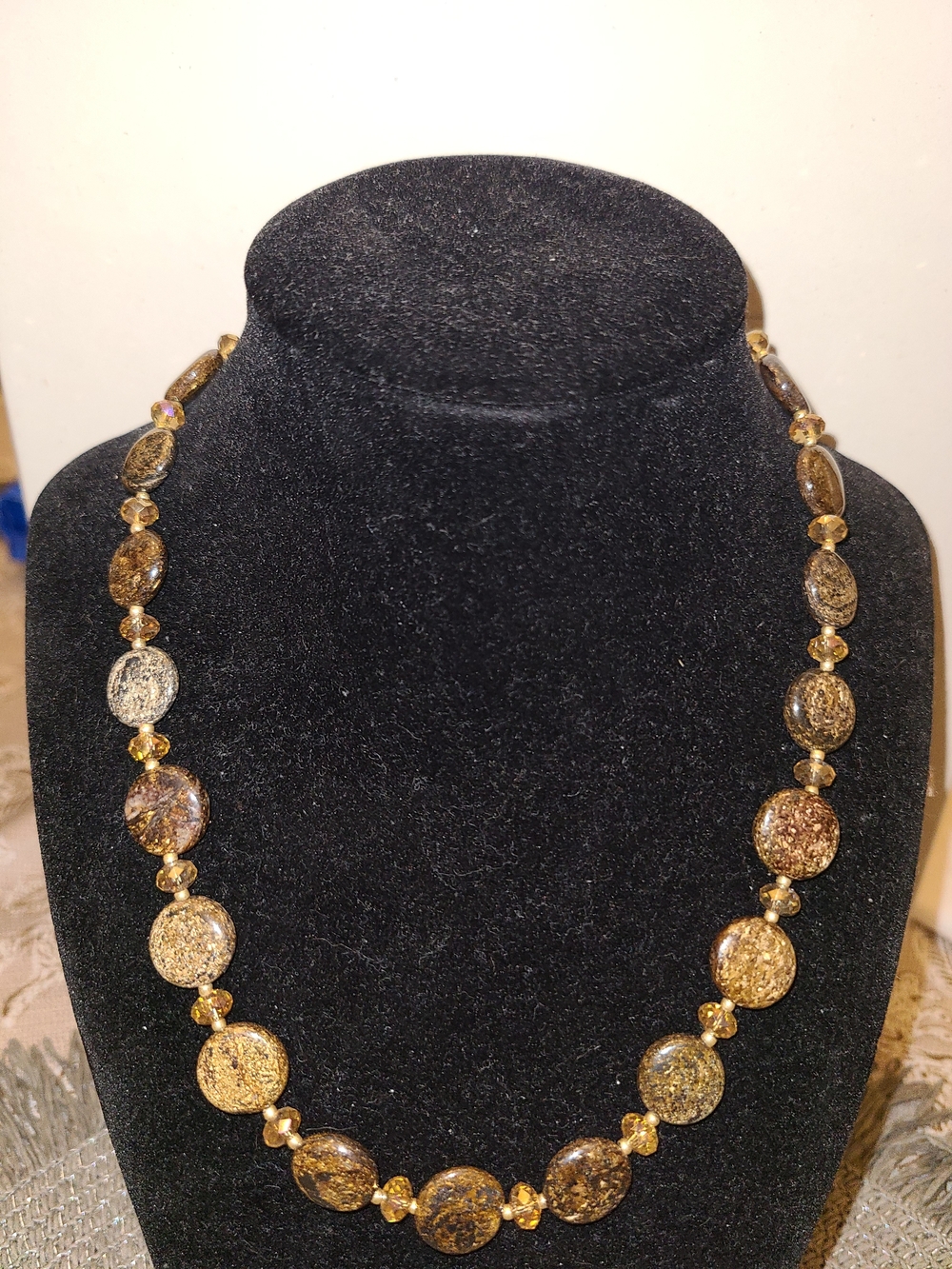 Handmade Bronzite Beaded Necklace With Beige Crystals